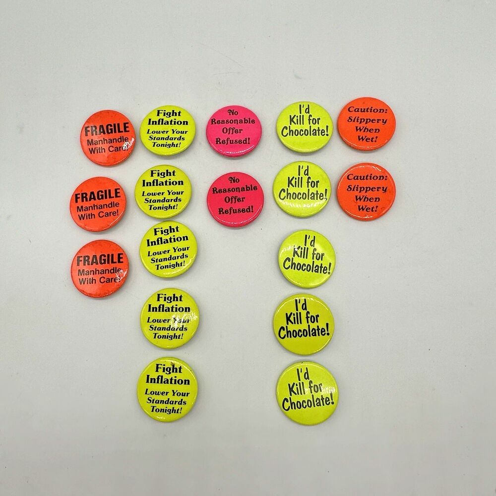 17 Pop Culture Button Pins 1984 PGB American Gag Bag Pinback Buttons Vintage